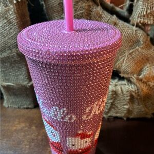 Pink Rhinestone Hello Kitty Christmas Tumbler w/Straw New
